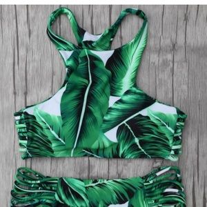 NWT- TOP ONLY Green leaf print high neck-Large